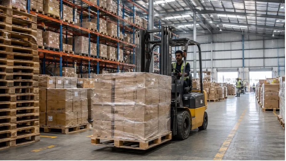 Pallets-used-for-handling-goods-in-an-e-commerce-warehouse